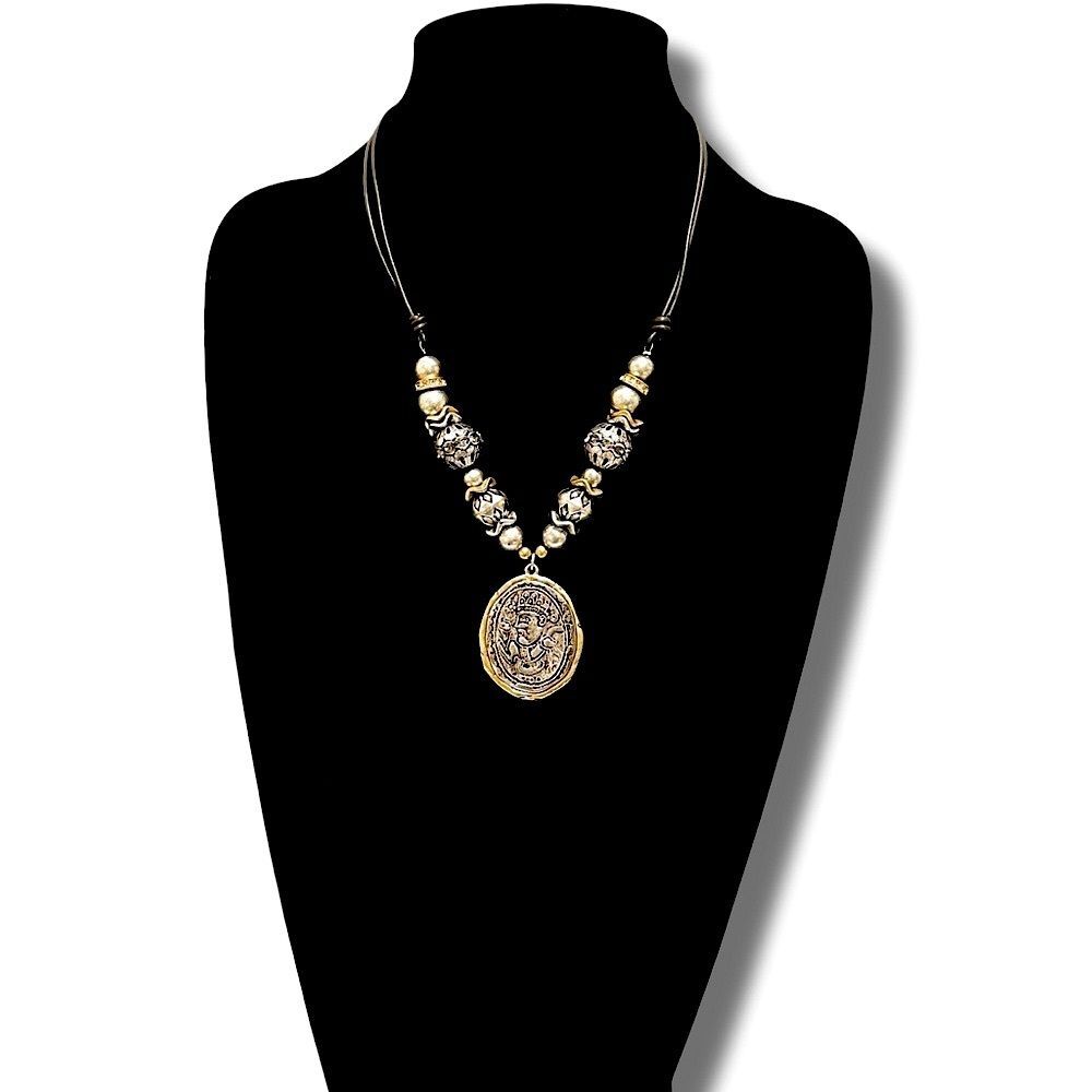 Chico's Two Tone Mixed Metal Aztec Coin Pendant Necklace